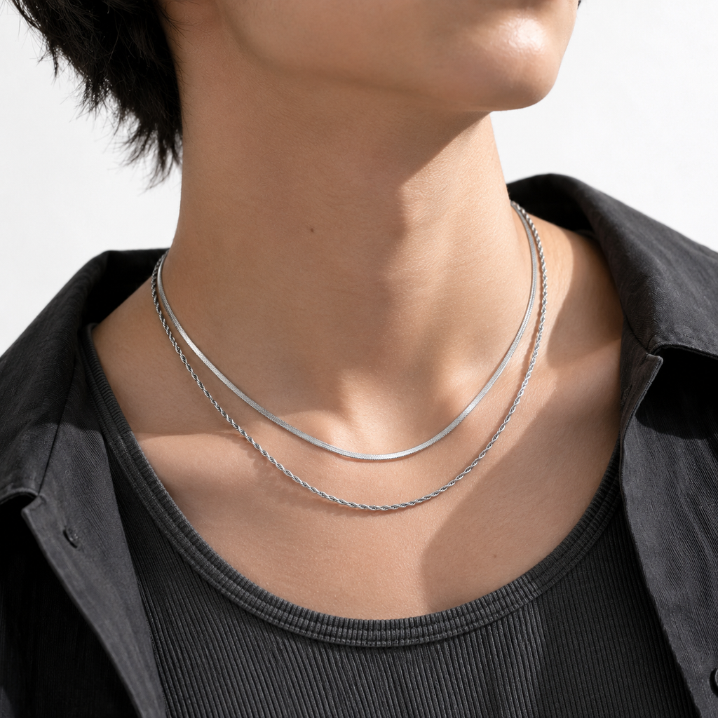 Snake & Rope Layered - Necklace〈Silver〉